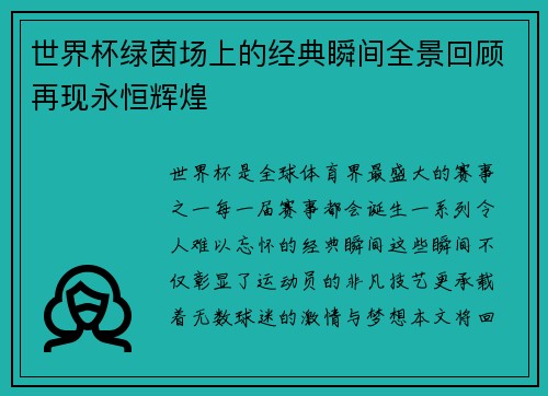 世界杯绿茵场上的经典瞬间全景回顾再现永恒辉煌